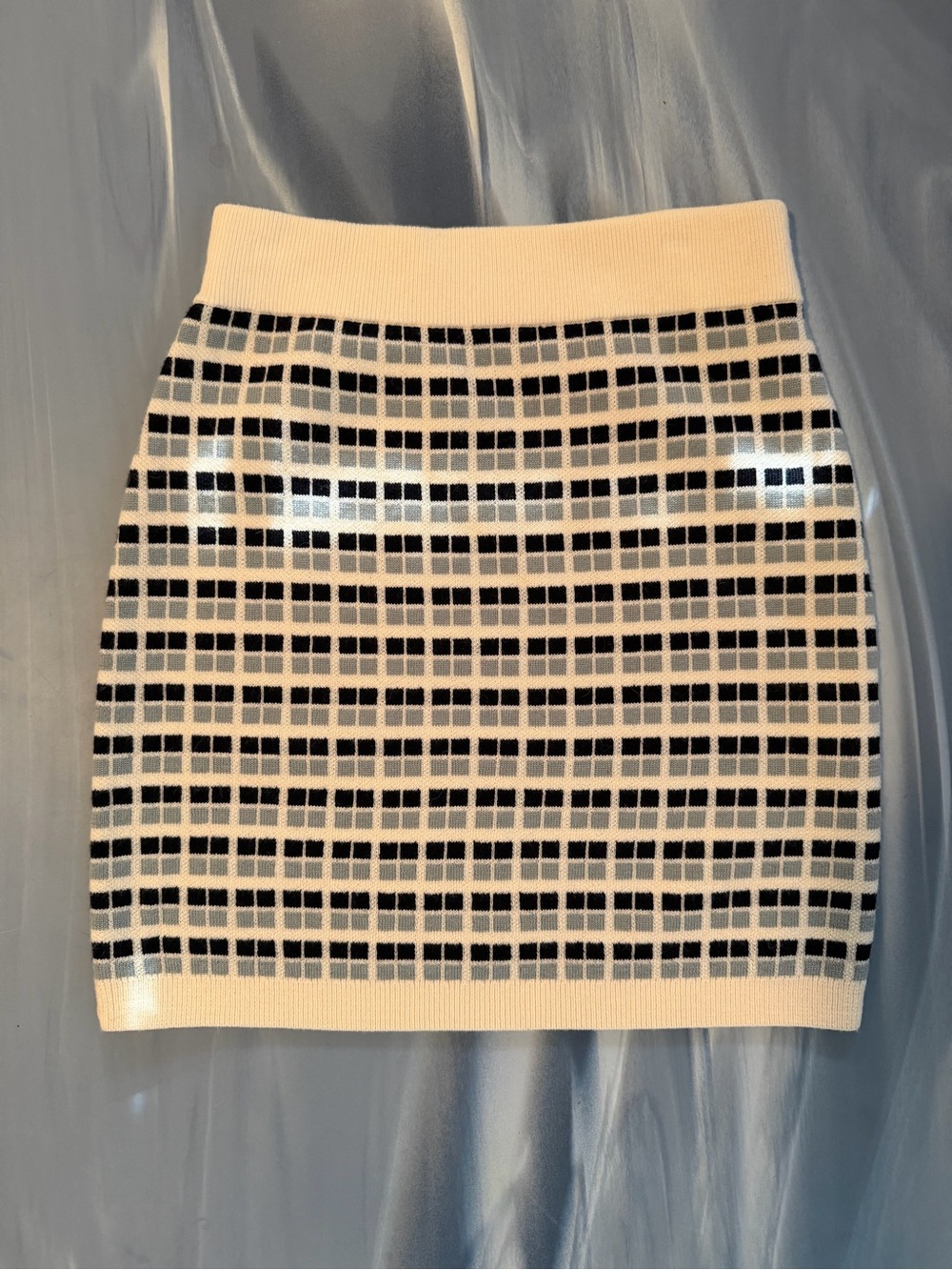 Babaton Cream and Black Grid Knit Mini Skirt